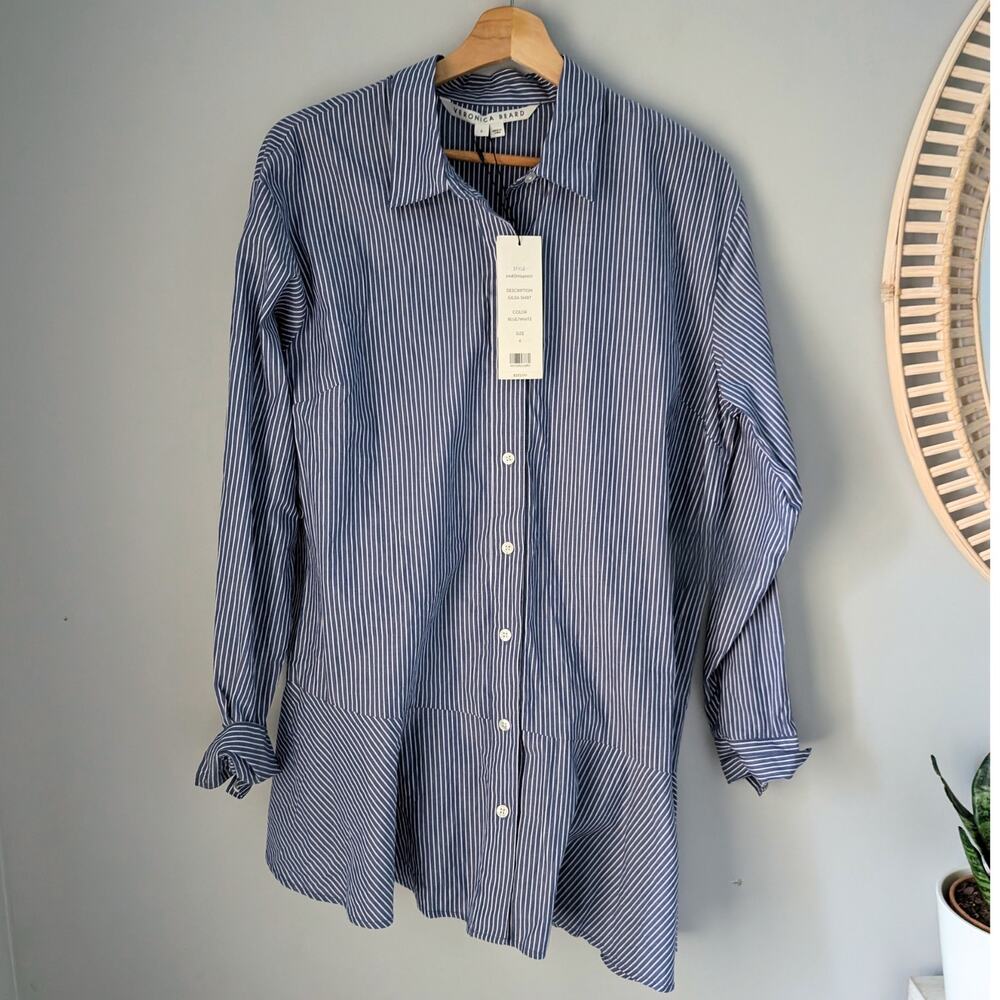 NWT Veronica Beard Gilda Striped Oversized Asymmetrical Shirt Blue White Size 6
